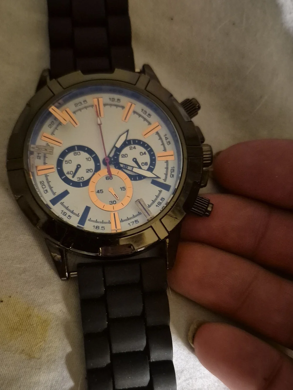 Men's Chronograph Watch with Black Silicone Band and White Dial